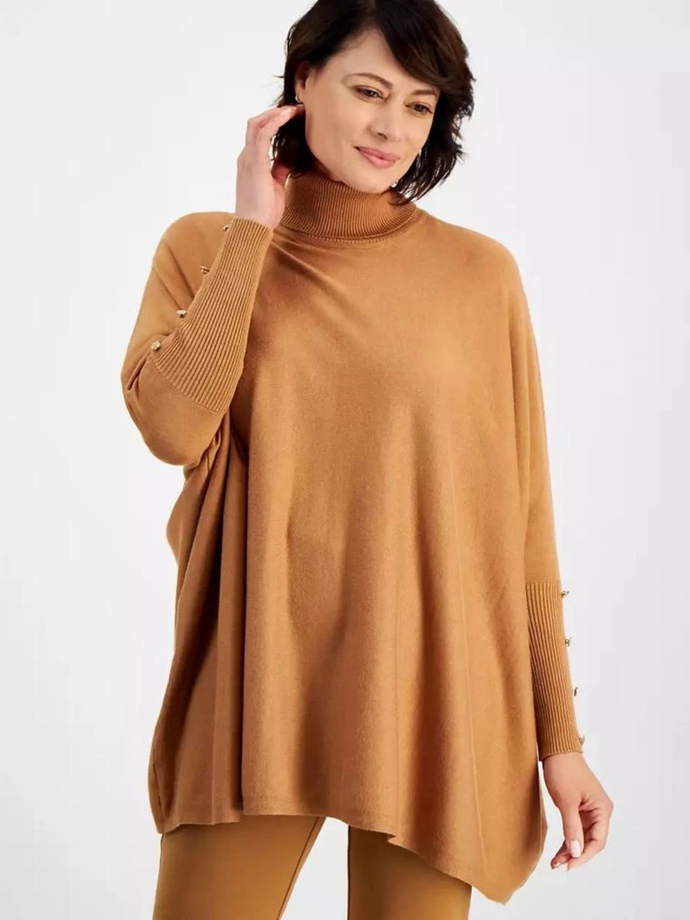 JM Collection Camel Turtleneck Poncho Sweater with Button Cuff